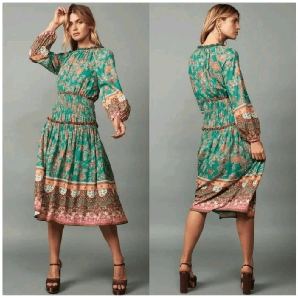 Anthropologie Current Air Boho Smocked Waist Border Print Midi Dress Medium Peas